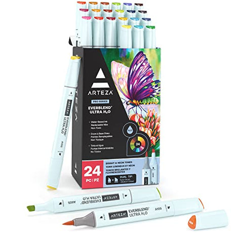 ARTEZA Dual Tip Brush Pens, 24 Bright and Neon Tones, EverBlend Watercolor Calligraphy Markers with Nylon Brush and Medium Chisel Tip, Water-Based ARTEZA