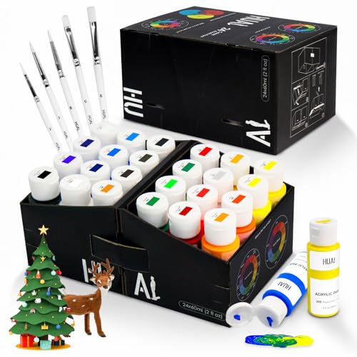 HUAL Acrylic Paint Set With 5 Brushes, 24 Colors (60ml, 2oz) Premium Acrylic Paints for Professional Artists Kids Students Beginners & Painters,