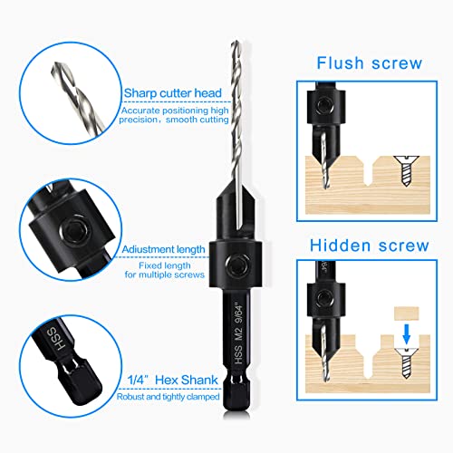 3-pc Countersink Drill Bit Set #10#12#16, 3in1 Woodworking Counterbore Hole Saw Drill Bits, Depth Adjustable M2 Pilot Drill Bits, 82-Degree Chamfer, - WoodArtSupply