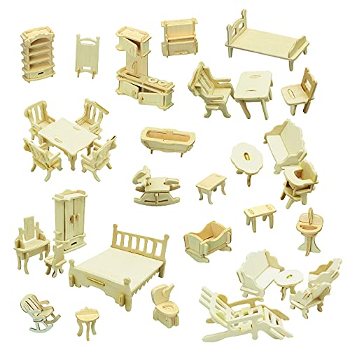 Small Furniture,Hotmisu Dollhouse Furniture and Accessories 34PCS Wooden Dollhouse Furniture Set 3D Puzzle Miniature Puzzle Doll House Furniture Kit Hotmisu