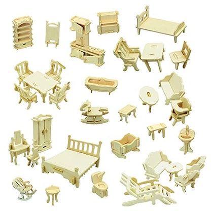 Small Furniture,Hotmisu Dollhouse Furniture and Accessories 34PCS Wooden Dollhouse Furniture Set 3D Puzzle Miniature Puzzle Doll House Furniture Kit