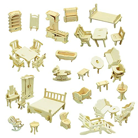 Small Furniture,Hotmisu Dollhouse Furniture and Accessories 34PCS Wooden Dollhouse Furniture Set 3D Puzzle Miniature Puzzle Doll House Furniture Kit Hotmisu