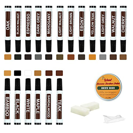 Furniture Markers Touch Up Kit - New Upgrade 18 Colors Wood Scratch Repair Kit with Beeswax Furniture Polish, Wood Markers Pens for Scratches, Stains A-HEYIDA
