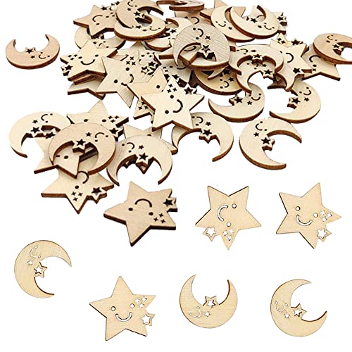 100 pcs Wooden Star Moon Shaped Unfinished Wood Slice DIY Craft Cutout Wooden Slices Embellishments Gift for Embellishments Table Decoration