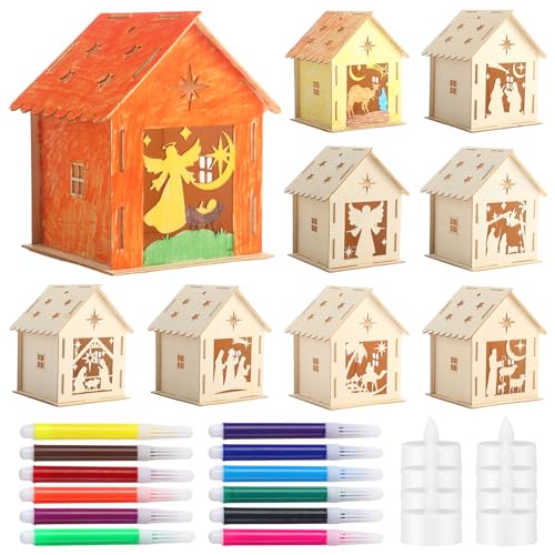 Barydat 9 Sets Nativity Scene Wood Carved Christmas Ornament LED Light up Nativity Christmas Ornament Wooden Christmas Houses with 12 Watercolor Pens