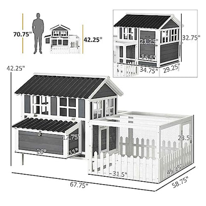 PawHut Wooden Chicken Coop with Run for 3-4 Chickens, Hen House with Nesting Box, Removable Tray, Fence, Outdoor Poultry Cage, 68" x 59" x 42", Gray - WoodArtSupply