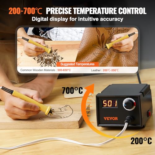 VEVOR Wood Burning Kit, 200~700°C Adjustable Temperature with Display, Wood Burner with 1 Pyrography Pen, 23 Wire Nibs, 1 Pen Holder, 4 Wood Chip, 1