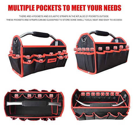TOOLEAGUE 19 Inches Heavy Duty Tool Bag 25 Pockets, 1680D Fabric Tool Bags with Strong Molded Base, Multi-pocket Tool Organizer with Adjustable TOOLEAGUE