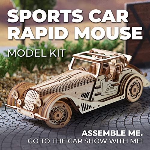 UGEARS Sports Car Rapid Mouse - 3D Car Model Puzzle with Powerful Dual Engine System - 3D Wooden Puzzles for Adults - Challenging Roadster Model Car UGEARS