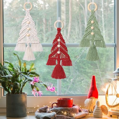 Dremisland Christmas Tree Decoration 3 Set Macrame Christmas Tree Decorative Hanging Ornaments Assembled Macrame Kits Boho Wall Hanging Decor for Dremisland