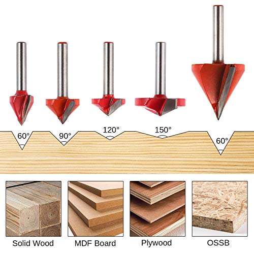 Genmitsu 5PCS V-Groove Router Bits Set, 60° 90° 120° 150° Angle, 6mm Shank, 3D V Shape Milling Wood Cutter Knife CNC Engraving Router Bit, VG05A - WoodArtSupply