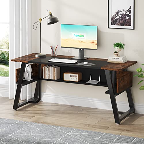 Tribesigns 63 Inches Desk with Bottom Shelves, Large Executive Desk, Computer Desk for Home Office, Business Workstation, Color Combination Table, Tribesigns