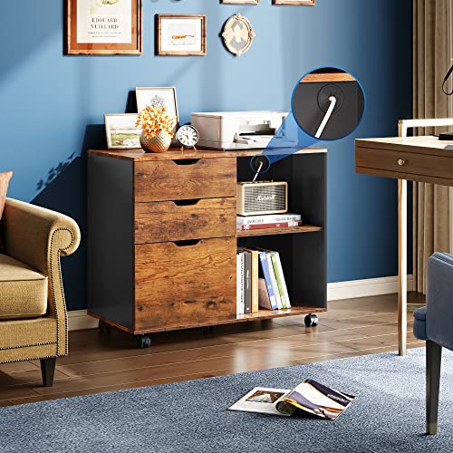 DEVAISE 3-Drawer Wood File Cabinet, Mobile Lateral Filing Cabinet, Printer Stand with Open Storage Shelves for Home Office, Rustic Brown DEVAISE