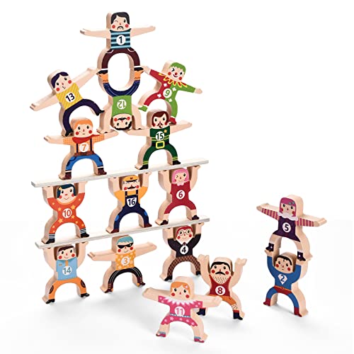 Wooden Stacking Toys,16Pcs Circus Hercules Acrobatic Troupe Interlock Toy,Balancing Building Blocks Game Toddler Puzzle Toys,for 3 4 5 6 Years Old moopok