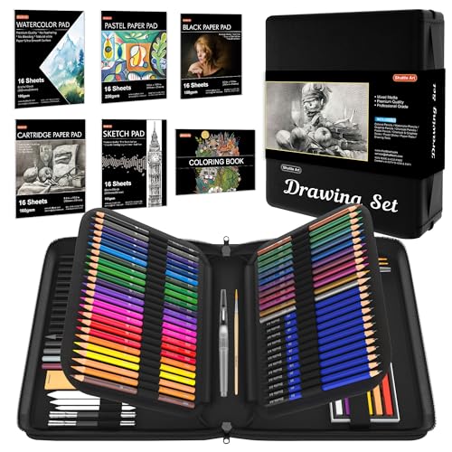 Shuttle Art 124 PCS Drawing Kit, Professional Drawing Supplies with Sketch, Charcoal, Colored, Graphite, Pastel Pencils & Sticks, Complete Drawing