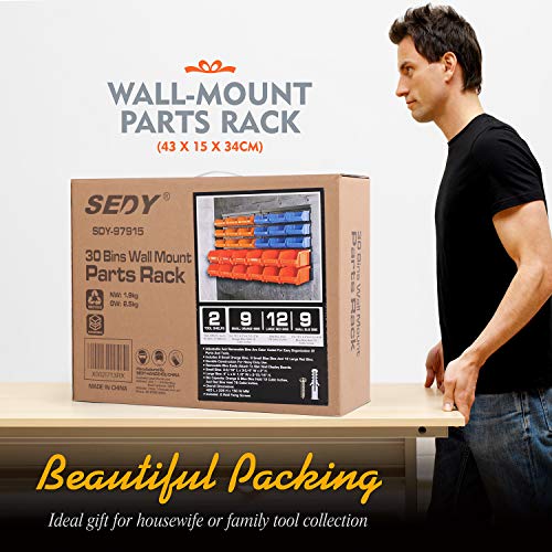 30-Bin Wall-Mounted Storage Rack System - Heavy-Duty Garage Tool Organizer for Screws, Nuts, Bolts, Nails, Beads, and Small Hardware Parts - Easy SEDY
