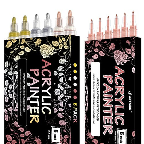 JEFFNIUB Gold,Silver,Rose Gold Paint Pens 6pcs 2mm Medium Tip + Rose Gold Paint Pens 6pcs Fine Tip Acrylic Paint Markers, Bundle for Fabric,Wood, JEFFNIUB