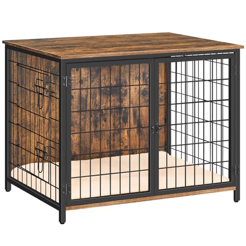 MAHANCRIS Dog Crate Furniture with Cushion, 31.5" Wooden Heavy Duty Dog Kennel with Double Doors, Indoor Dog House End Table, Dog Cage for Small - WoodArtSupply