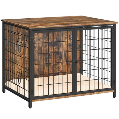 MAHANCRIS Dog Crate Furniture with Cushion, 31.5" Wooden Heavy Duty Dog Kennel with Double Doors, Indoor Dog House End Table, Dog Cage for Small MAHANCRIS
