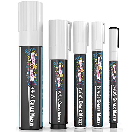 CHALKY CROWN 5pc White Chalk Markers - Non-Toxic Liquid Chalkboard Markers, White Liquid Chalk Marker for Windows, Glass - 1, 3, 6, 10, 15mm Tips CHALKY CROWN