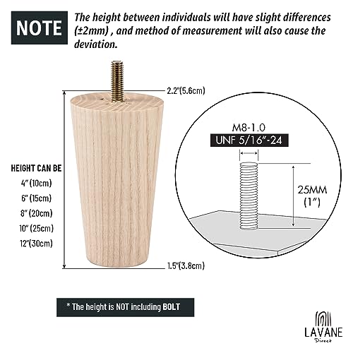 6 inch Unfinished Ash Wood Furniture Legs, LAVANE Set of 4 Mid-Century Modern Tapered Wooden Replacement Feet with Pre-Drilled 5/16 Inch Bolt & La Vane