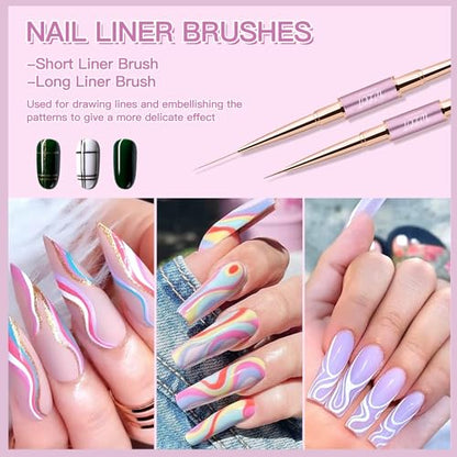 Nail Art Brushes, WLOT Nail Art Tools Double Ended Nail Art Design Pen, Builder Gel Brush, Striping Nail Art Brushes for Long Lines, 3D Nail Drawing