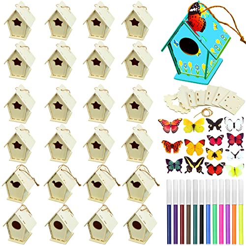 Wooden Birdhouse Craft Kits for Kids to Build, 4 Shapes Wooden Unfinished Bird House with Watercolor Pen and Butterfly Sticker for Boy Girl Children Outus