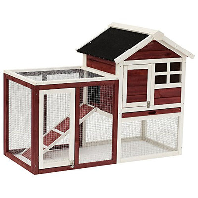PawHut 48" Wooden Rabbit Hutch Bunny Cage with Waterproof Asphalt Roof, Fun Outdoor Run, Removable Tray and Ramp, Brown
