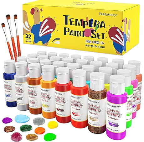 fantastory Tempera Paint for Kids 32 Colors (2 oz Each) Washable Tempera Paint, Kids Poster Paint Sponge Painting, Non-Toxic Kids Paint Finger Paints Fantastory