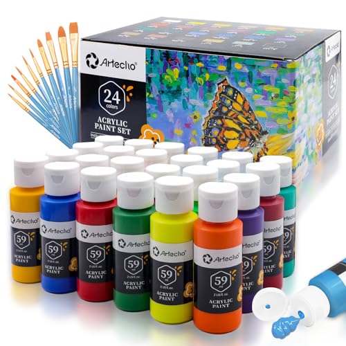 Artecho Acrylic Paint Set 24 Colors 2oz/59ml with 10 Paintbrushes, Art Craft Paint for Art Supplies, Paint for Canvas, Rocks, Wood, Fabric, Non Toxic - WoodArtSupply