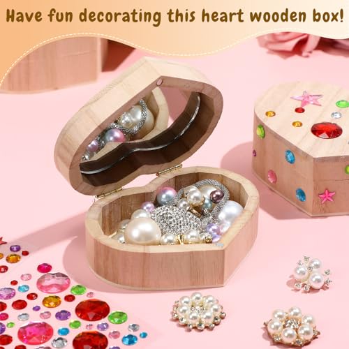 Kigley 100 Pcs Unfinished Wooden Heart Box Kit Include 12 Pcs Heart Treasure Box 72 Pcs Paints, 12pcs Brushes, 4 Sheets Rhinestones Stickers Craft Kigley