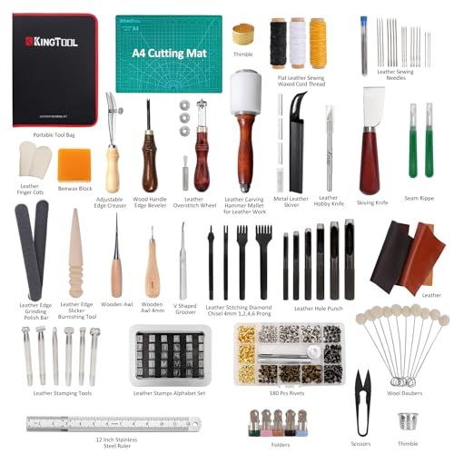 275 pcs Advanced Leather Sewing Tools and Supplies with Carrying Organizer Cutting Mat Stamping Tools Needles Snaps and Rivets Kit Perfect for KINGTOOL