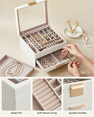 SONGMICS Jewelry Box with Glass Lid, 3-Layer Jewelry Organizer, 2 Drawers, for Big and Small Jewelry, Jewelry Storage, Modern Style, 8 x 9.1 x 5.3