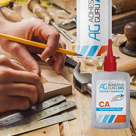 Adhesive Guru CA Glue with Activator Woodworking (2 x 3.5 oz - 2 x 13,5 fl oz) Ca Glue for Woodworking, Cyanoacrylate Glue and Activator (2 Pack) ag adhesive guru