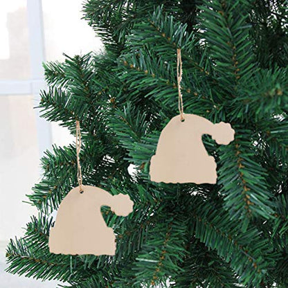 Abaodam 30Pcs Christmas Hat Shape Hanging Decor Wooden Santa Hat Hanging Ornaments Xmas Tree Hanging Pendants Unfinished Wood DIY Crafts with Rope