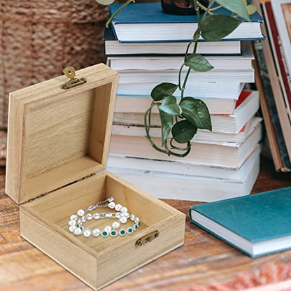 2 Pack Unfinished Wood Box, Rectangular Unfinished Wooden Box with Hinged Lid and Front Clasp Natural Wood Storage Boxes for Jewelry Container
