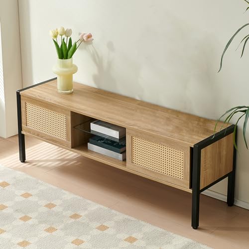 Fulvari Rattan TV Stand for 65 Inch TV,Wood Entertainment Center with 2 Sliding Doors,Modern TV Console Table,Rattan Coffee Table with Storage for - WoodArtSupply