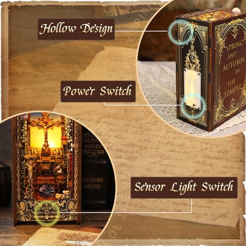 DIY Book Nook Kit with Sensor Light Music Box, 3D Wooden Puzzle for Adults, Covenant Church Bookshelf Insert, Self-Assembly Bookend Building Set