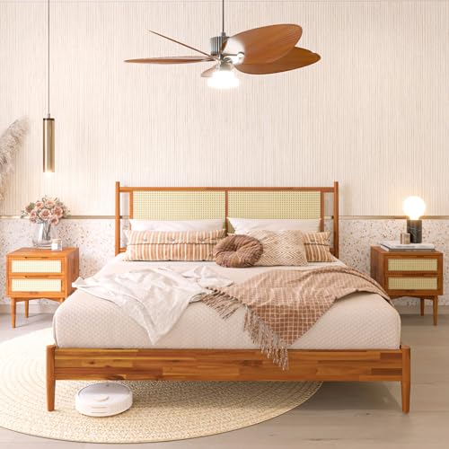 Bme Oliver 15 Inch Acacia Wood Bed Frame with Handcrafted Rattan Headboard - Bohemian & Mid Century Charm, No Box Spring Needed Bme