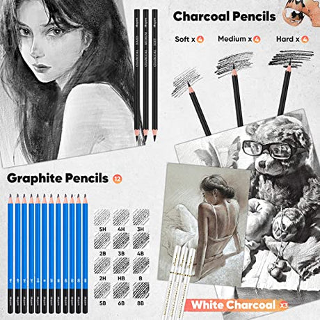 iBayam 78-Pack Drawing Set Sketching Kit, Pro Art Supplies with 75 Sheets 3-Color Sketch Pad, Coloring Book, Charcoal, Metallic, Colored Watercolor, iBayam