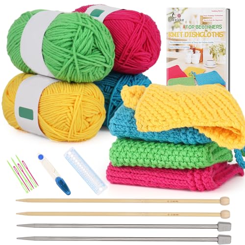 Aeelike Knitting Kits for Beginners, 4 Pcs Bamboo and Metal Knitting Needle Set with Cotton Yarn, Knitting Set for Making Dishcloth with Step-by-Step Aeelike