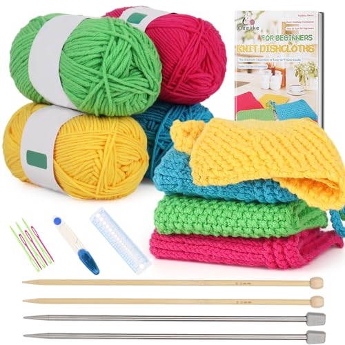 Aeelike Knitting Kits for Beginners, 4 Pcs Bamboo and Metal Knitting Needle Set with Cotton Yarn, Knitting Set for Making Dishcloth with Step-by-Step