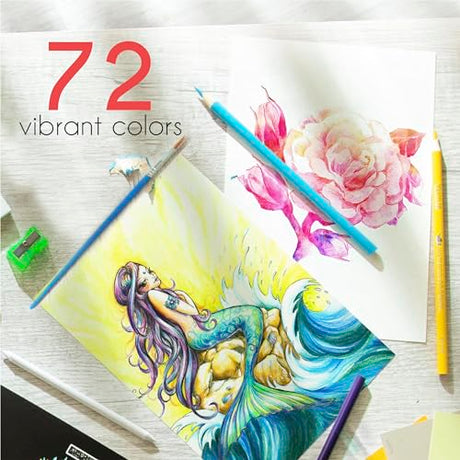 Zenacolor Professional Watercolor Pencils, Set of 72, Metal Box with Brush - Drawing Set for Coloring, Blending and Layering Books, Adult or Kids Zenacolor