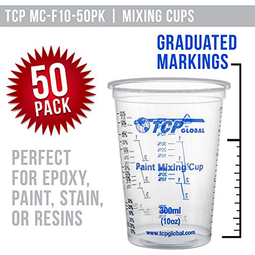 TCP Global 10 Ounce (300ml) Disposable Flexible Clear Graduated Plastic Mixing Cups - Box of 50 Cups & 50 Mixing Sticks - Use for Paint, Resin, TCP Global