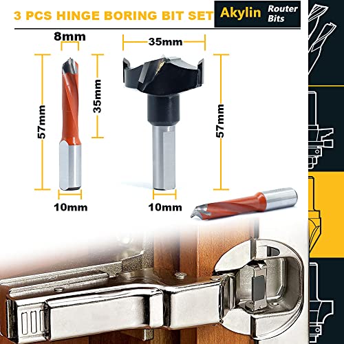Akylin 3 Pcs 10mm Shank Hinge Boring Set, Solid Carbide Tipped Akylin