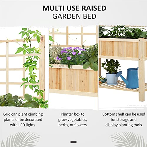 Outsunny 47'' Wooden Raised Garden Bed with Trellis, Coutryside Style Elevated Planter Box Stand with Open Storage Shelf, Spacious Planting Area for