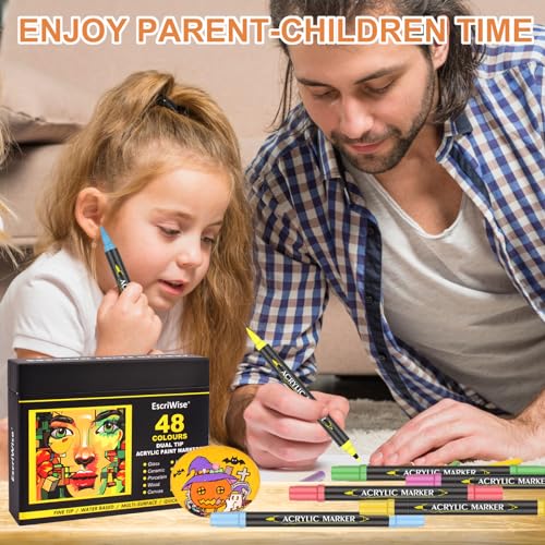 EscriWise 48 Colors Dual Tip Acrylic Paint Pens Set-Permanent Acrylic Paint Markers with Brush and Fine Tip, Water Based Art Paint Pens for Rock EscriWise