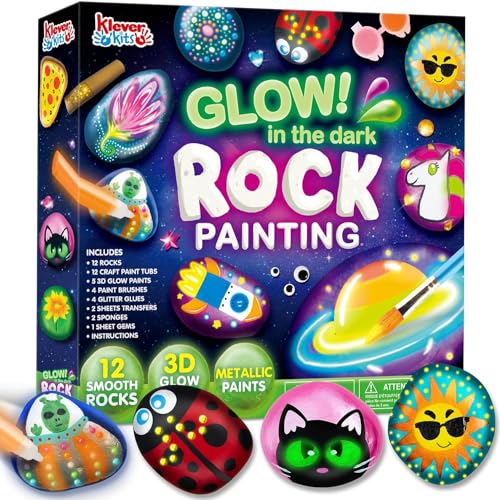 12 Rock Painting Kit, 43 Pcs Arts and Crafts for Kids Ages 4-8+, Art Supplies with 18 Paints (Glow in The Dark & Metallic & Standard), Craft Paint