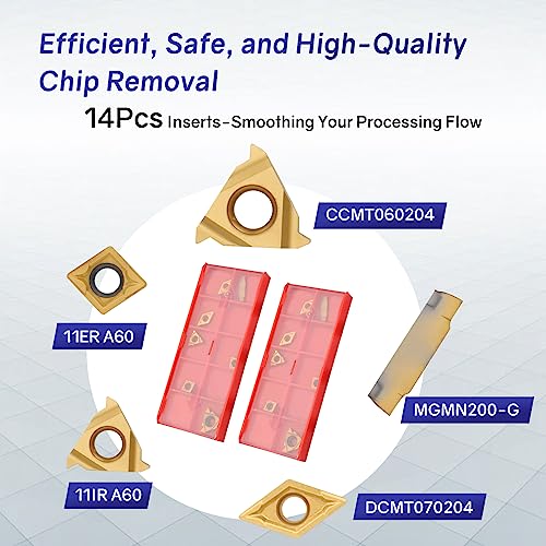 JOOGTO Indexable Lathe Turning Tool 21Pcs Kit 1/2'' 12mm Shank 7 Pcs Metal Lathe Tool Holder Set for Turning Grooving Threading Boring with 14 Pcs Joogto