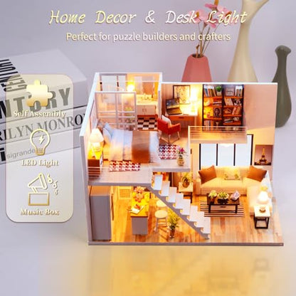 DIY Miniature Dollhouse Kit, Tiny House Model Kit with Music Box & LED Light & Dust Proof Cover, 3D Wooden Puzzle for Adults, Creative Handmade